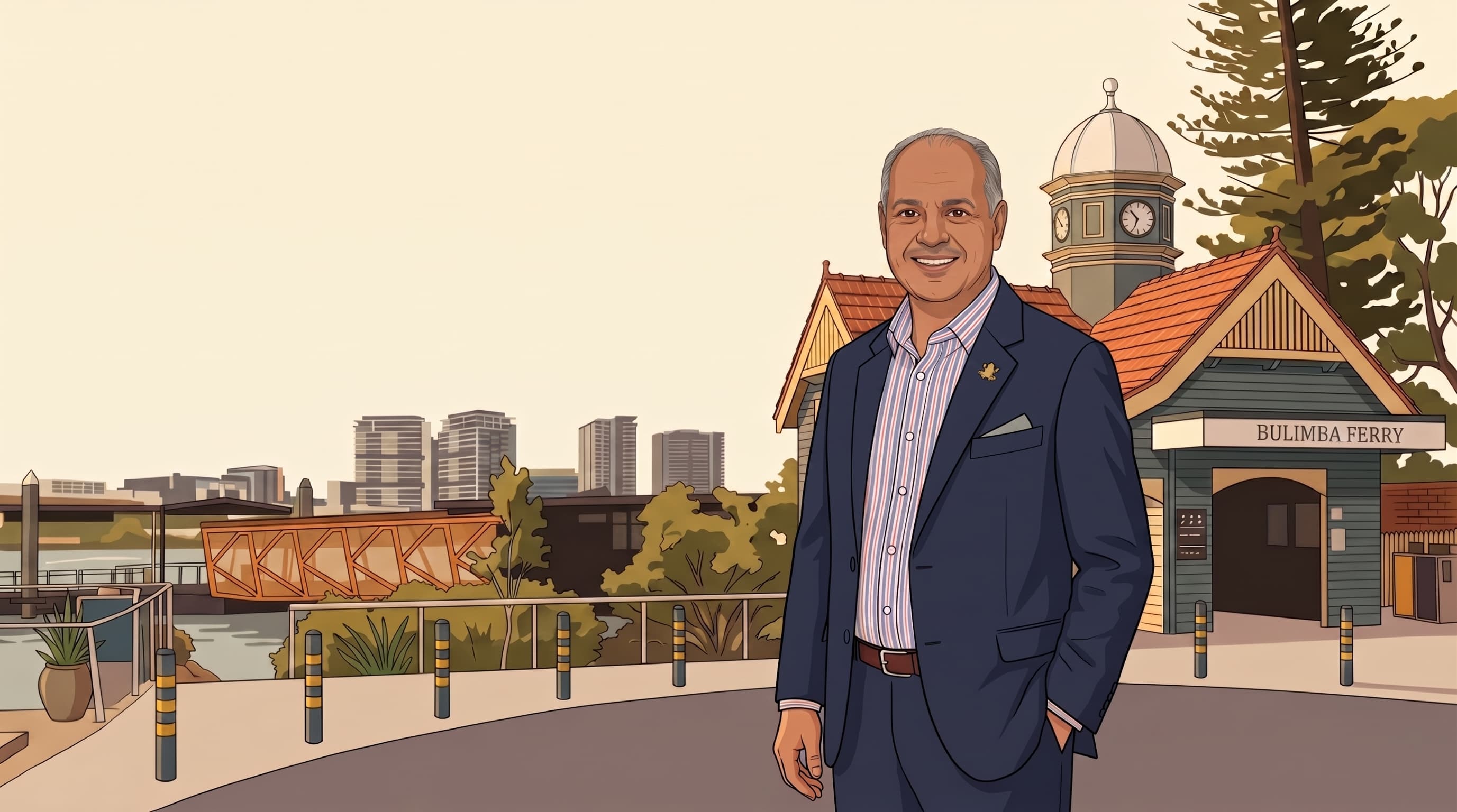 Editorial illustration of Danny Naidoo at a Bulimba landmark scene.