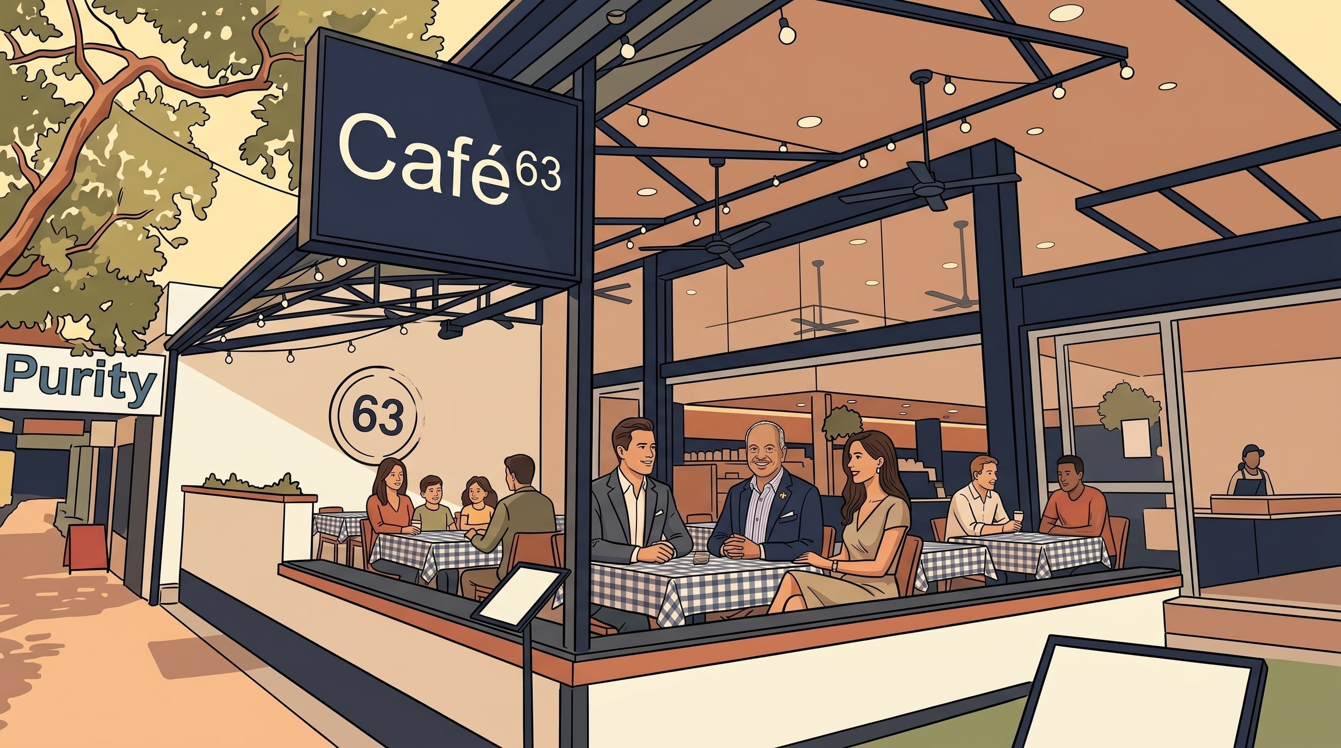 Editorial illustration of Danny Naidoo seated at an outdoor Cafe 63 table on Oxford Street, Bulimba, across from two clients mid-conversation over coffee.