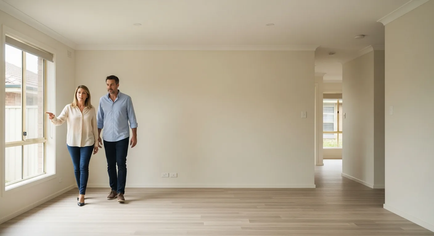 A couple in their forties walking through an empty Australian suburban living room inspecting structural details