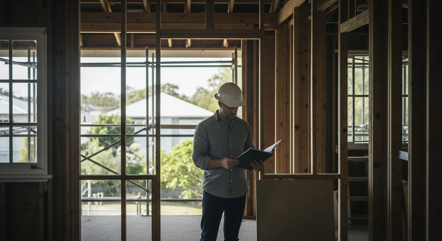 A man in his forties standing inside a Queenslander-style home mid-renovation in morning light