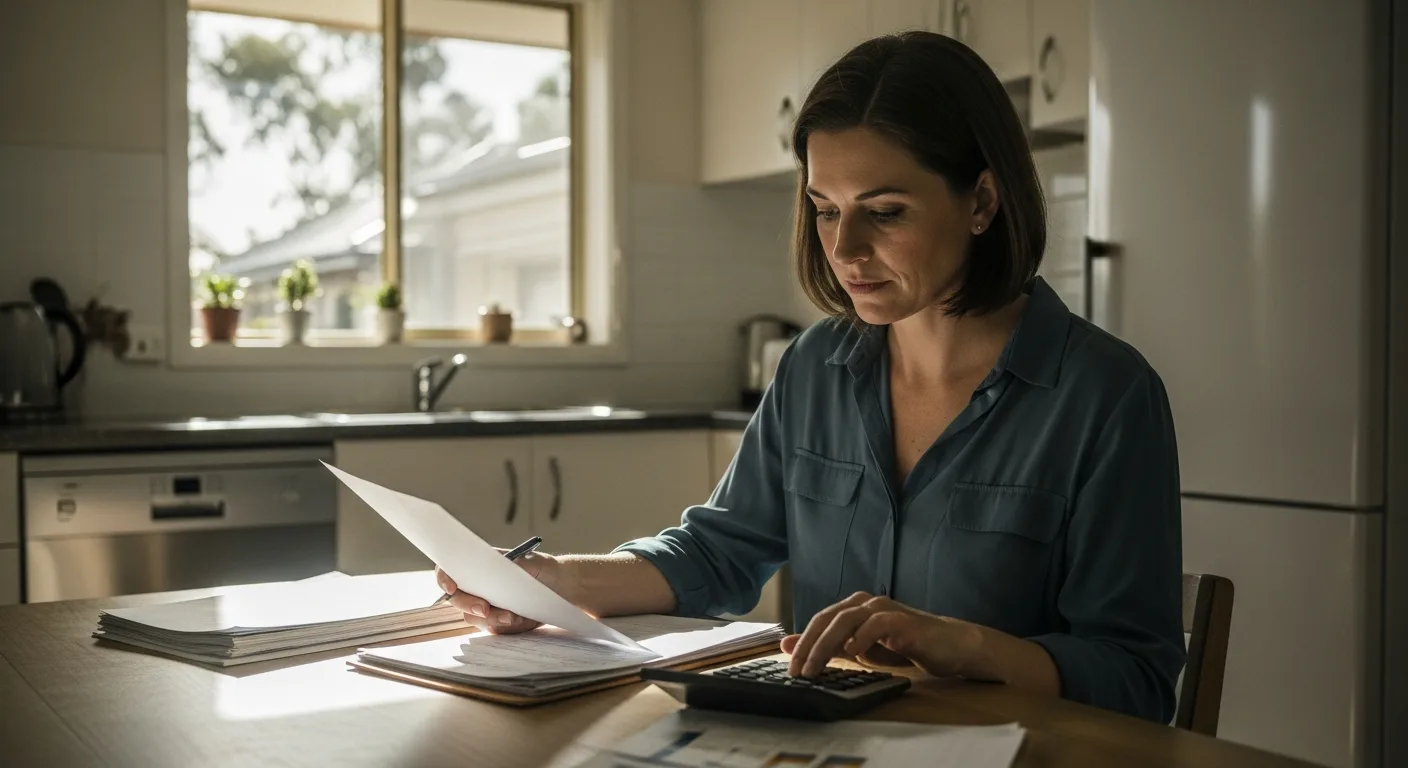 A woman in her forties reviewing paperwork and a calculator at a kitchen table in soft morning light