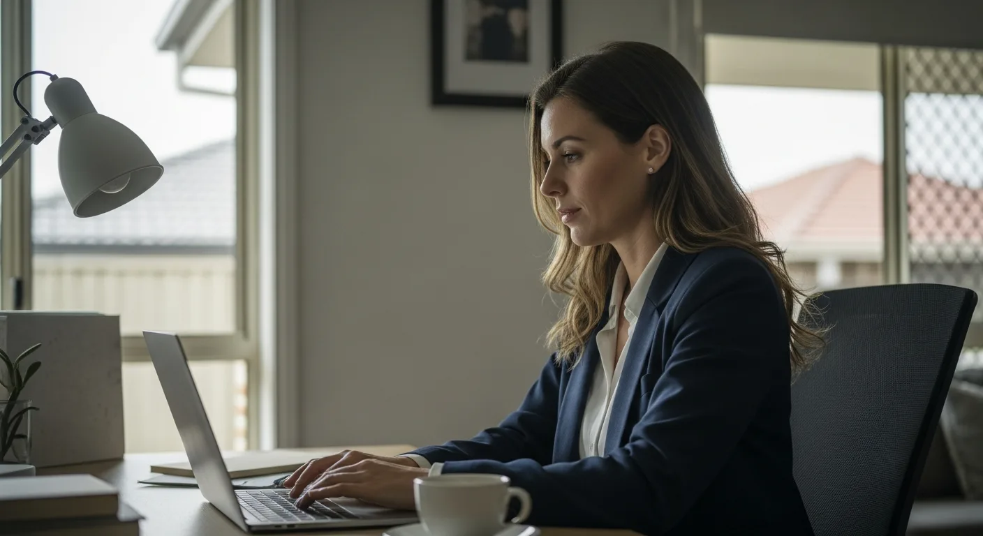 A woman in her late thirties working at a home office desk in soft morning light