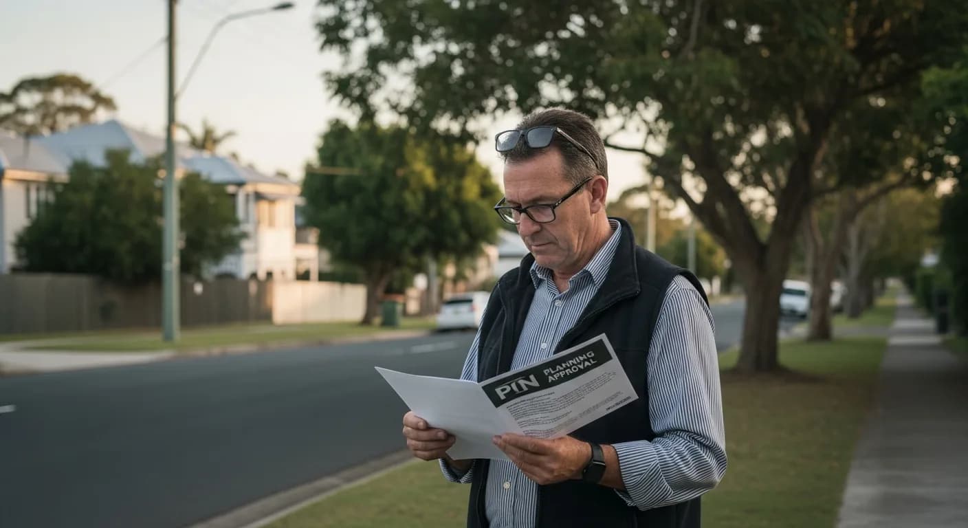 A man in his fifties standing on a suburban Australian street reviewing a planning document in late afternoon light